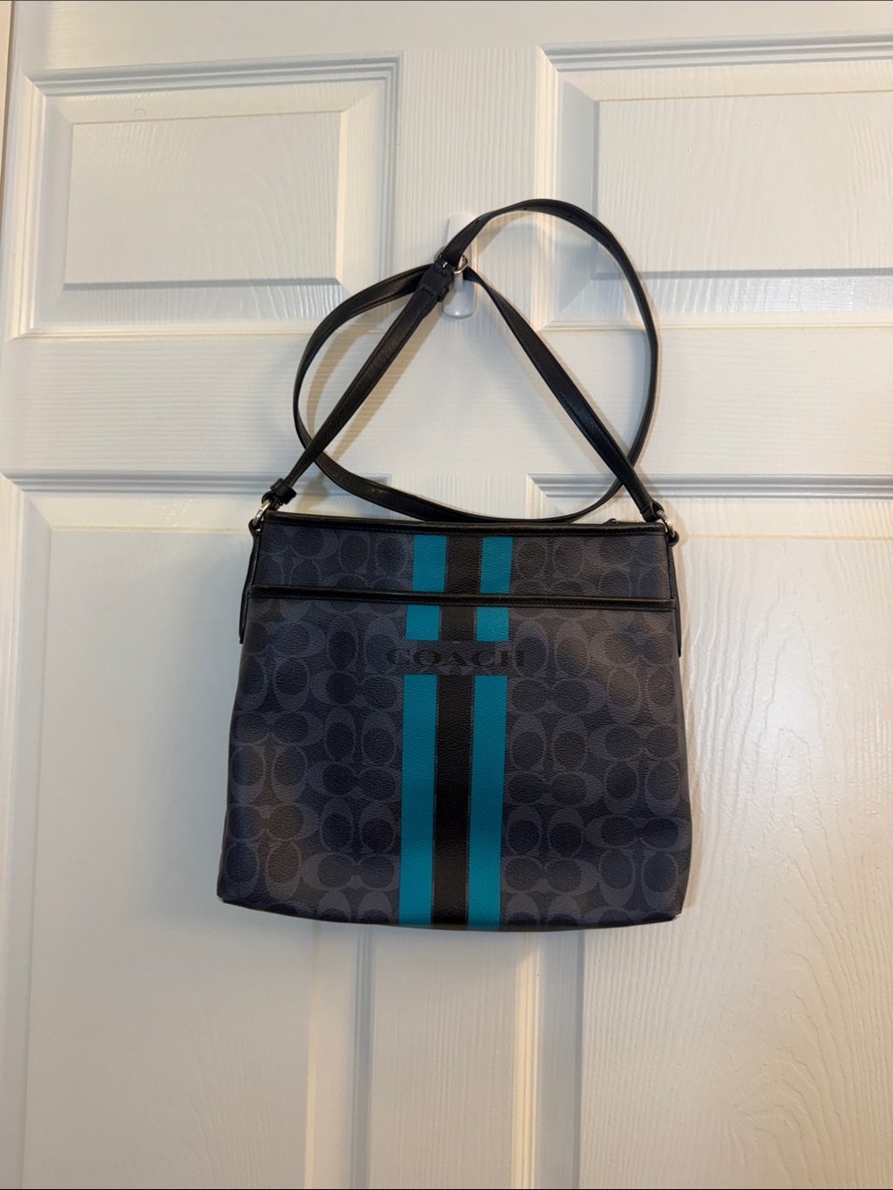 Coach Black Crossbody with Teal Stripe Detail